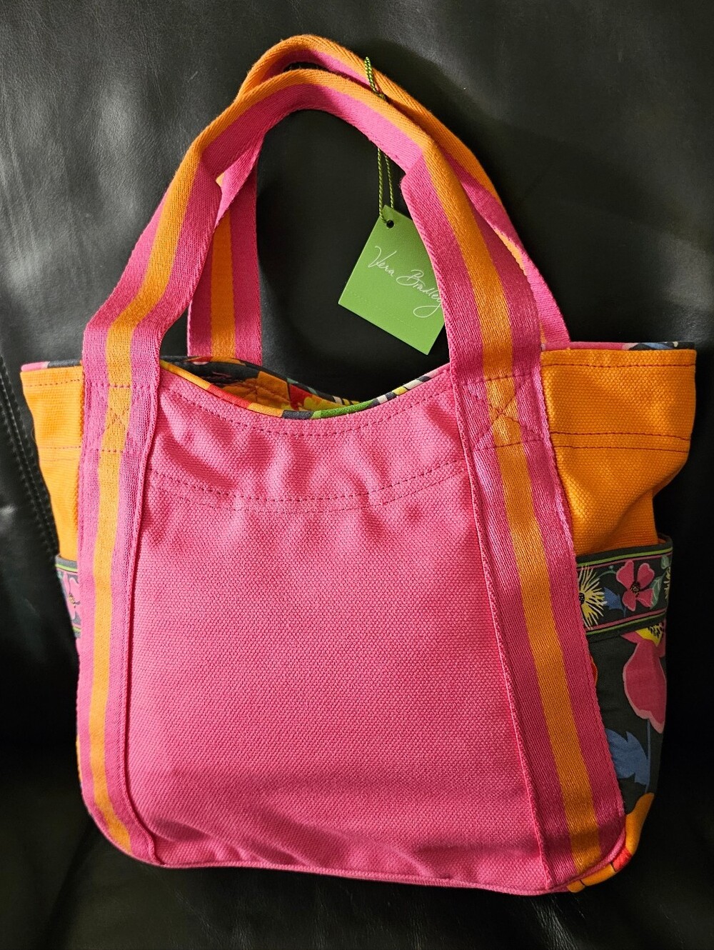 Vera Bradley Hot Pink & Orange Canvas Tote with Floral Trim NWT - Picture 6 of 16